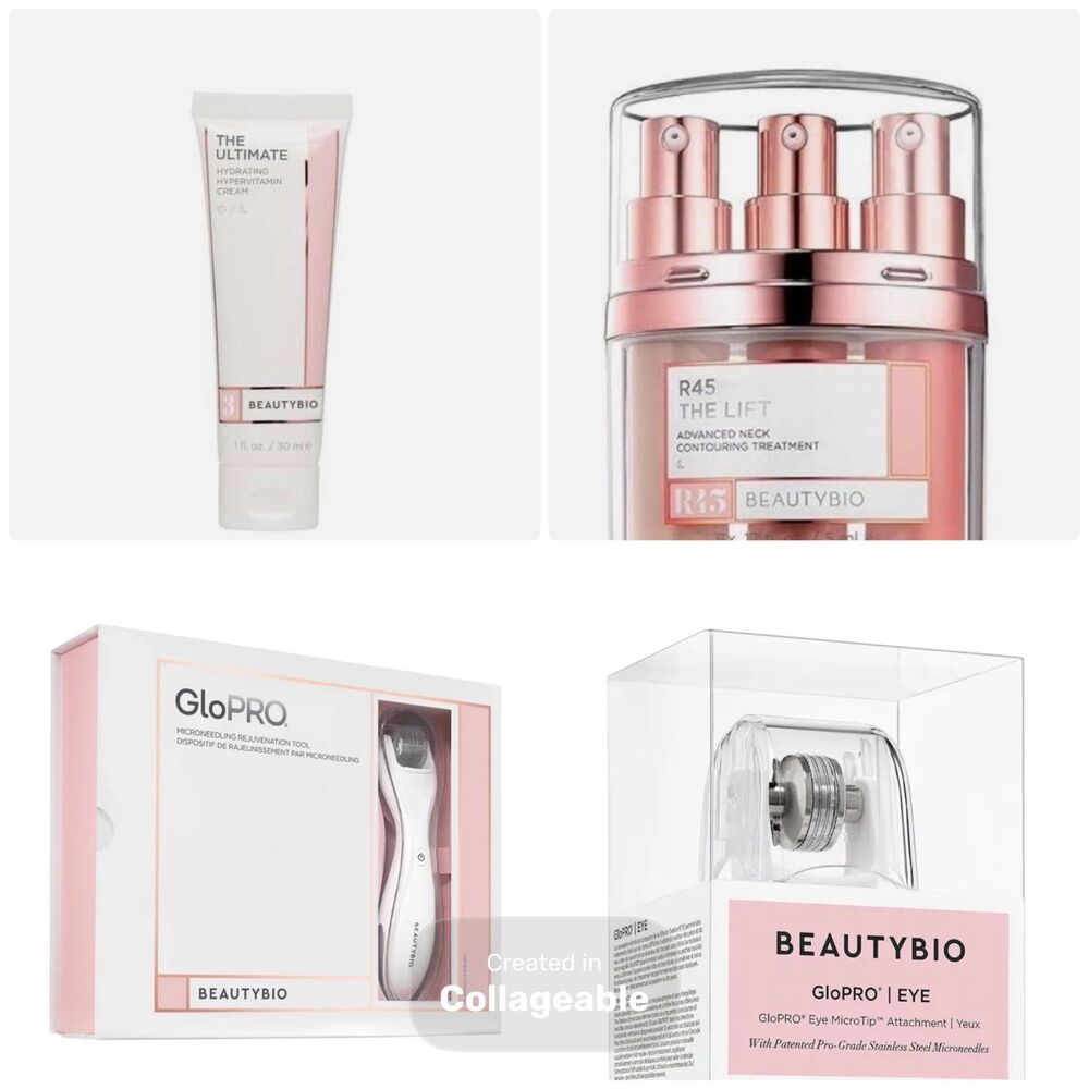 4 pc GloPro BeautyBio Bundle Microneedler, neck cream, eye roller, moisturizer